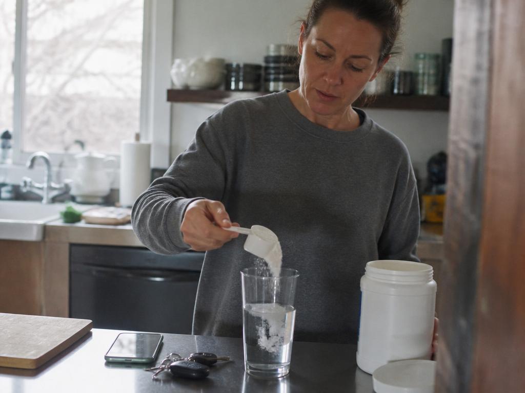 A woman stirring pale collagen powder into a glass of water at a kitchen counter