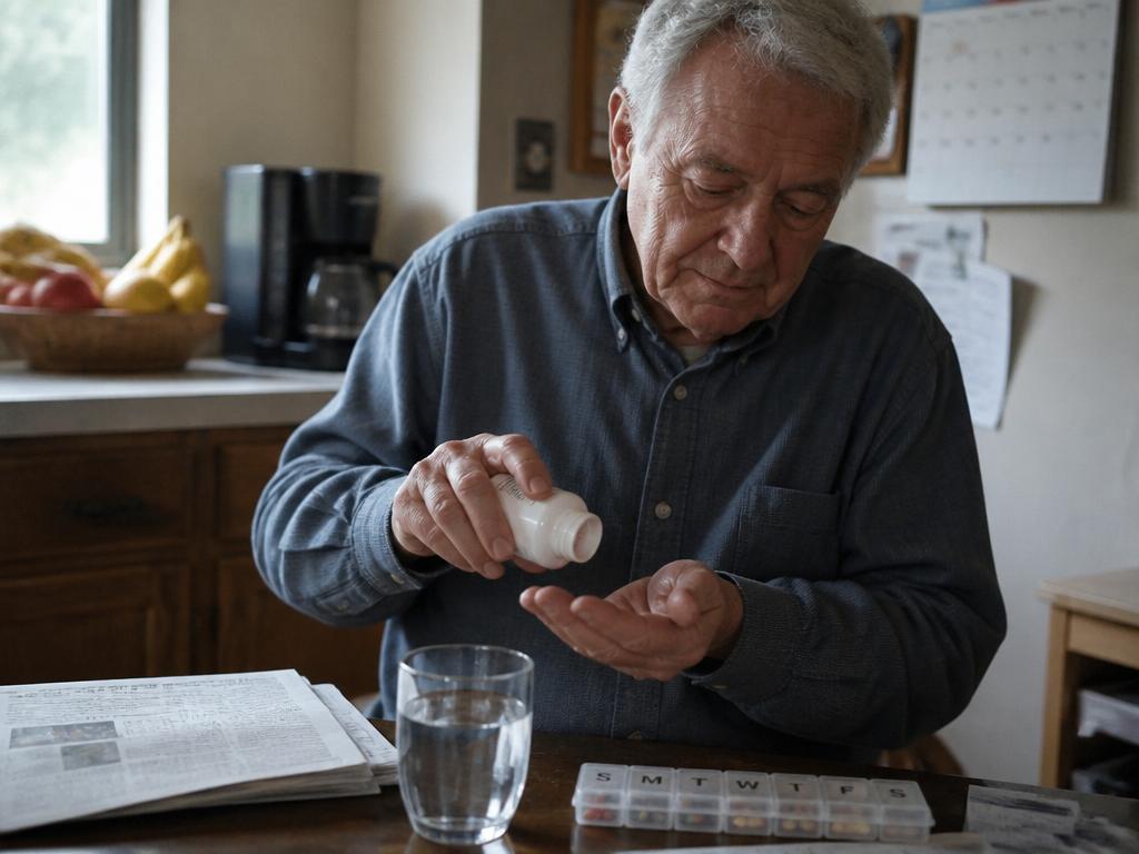 An older man shaking a single multivitamin tablet into his palm at a kitchen table