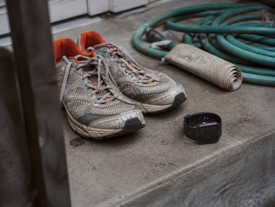 A worn pair of grey and orange running sneakers with muddy soles sit on a concrete porch step beside a dark-screened smartwatch, a rolled newspaper, and a coiled garden hose, no people in frame.