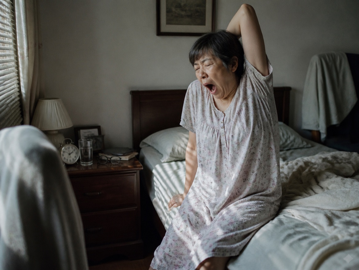 An older woman in a floral nightgown sits on the edge of an unmade bed at dawn, yawning with one arm stretched overhead, soft light through half-open blinds falling across a nightstand with an alarm clock, glasses, and a glass of water.