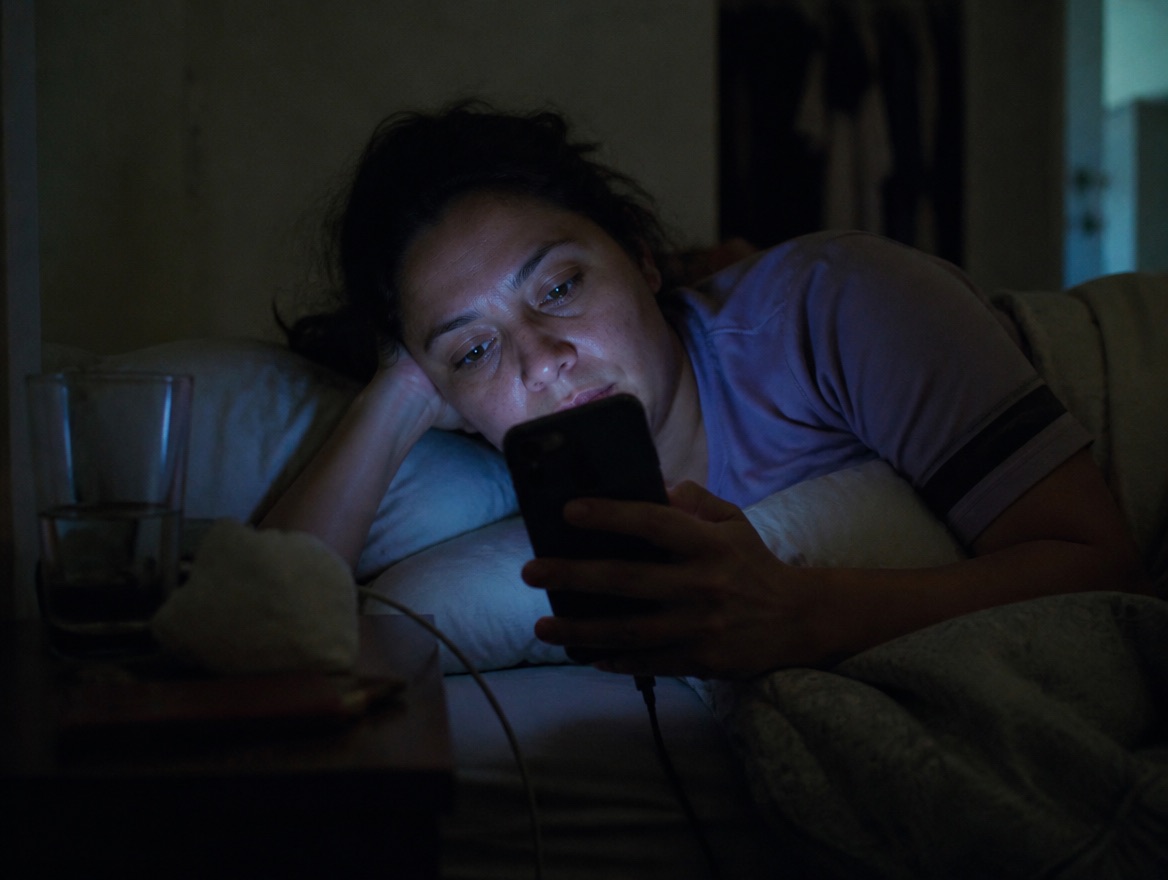 A woman lies on her side in bed late at night, propped on one elbow, her face lit by the cool blue glow of a phone screen, a cluttered nightstand with a glass of water and a charging cable visible in the dim room.