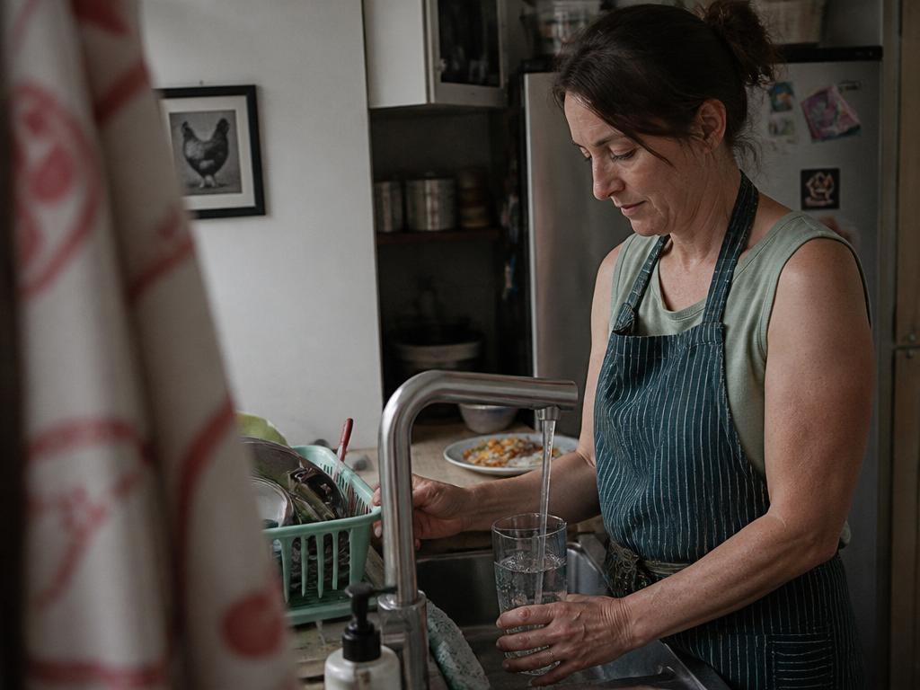 A woman filling a tall glass of water at the kitchen sink before a meal