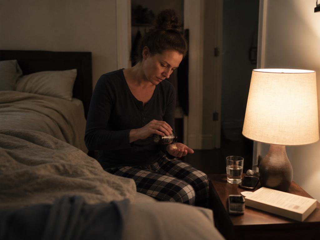 A woman shaking a magnesium capsule into her palm at a dim bedside at night