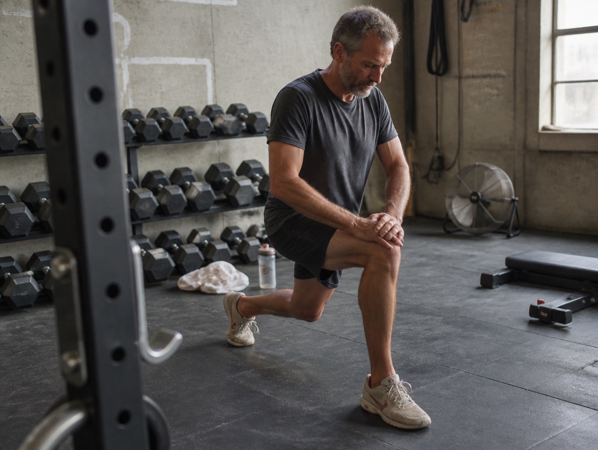 A man in his fifties pauses mid-lunge stretch on a gym floor, one hand resting on his forward knee, with dumbbell racks and a floor fan behind him.
