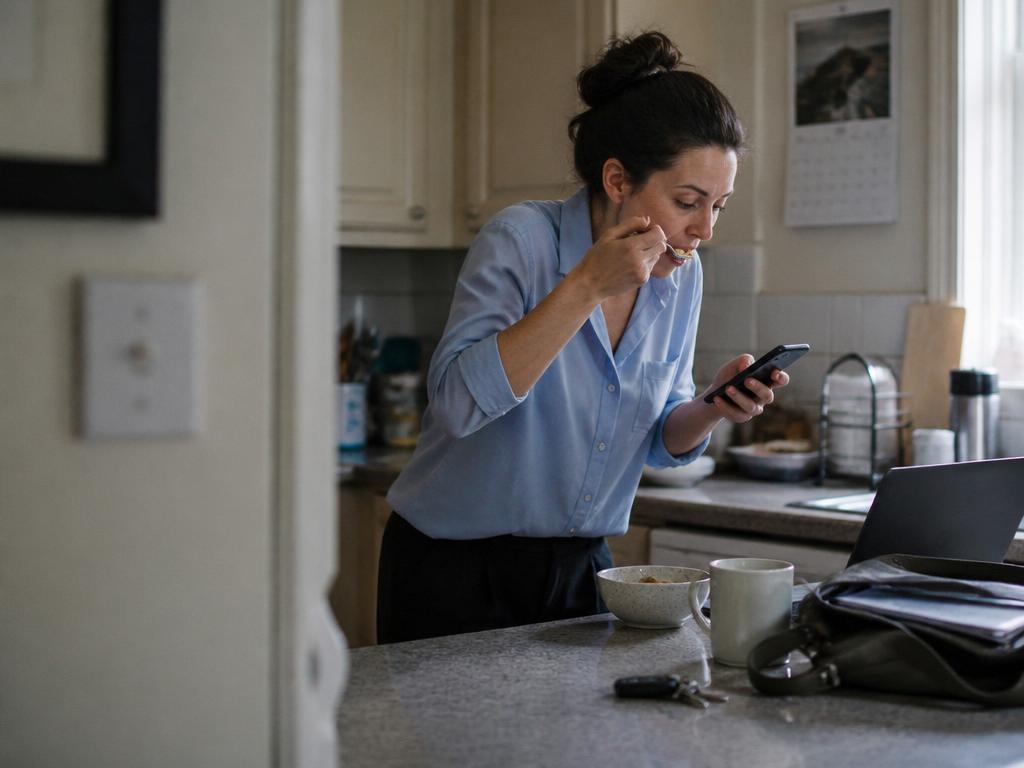 A woman eating cereal while standing and checking her phone during a rushed morning