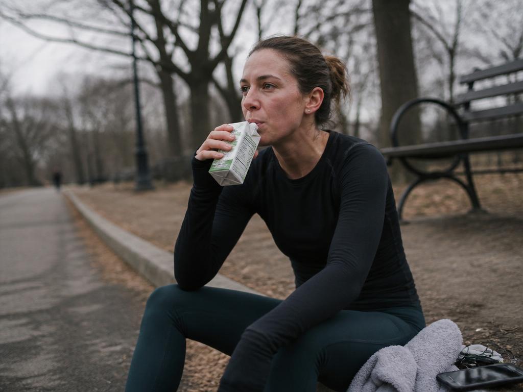 A sweaty runner drinking coconut water while resting on a curb after a workout