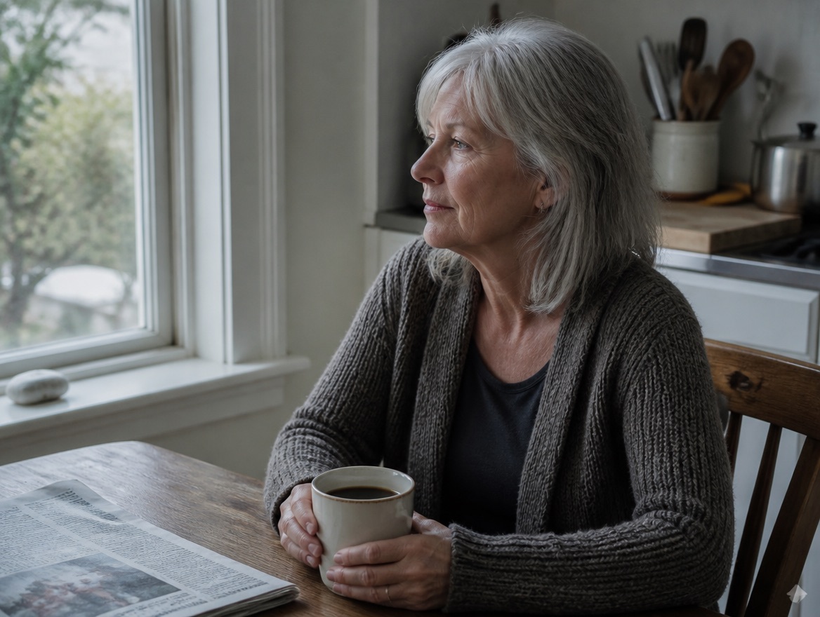 An older woman with grey hair in a knit cardigan sits by a kitchen window holding a ceramic mug of black coffee, a newspaper on the wooden table, gazing toward the light.