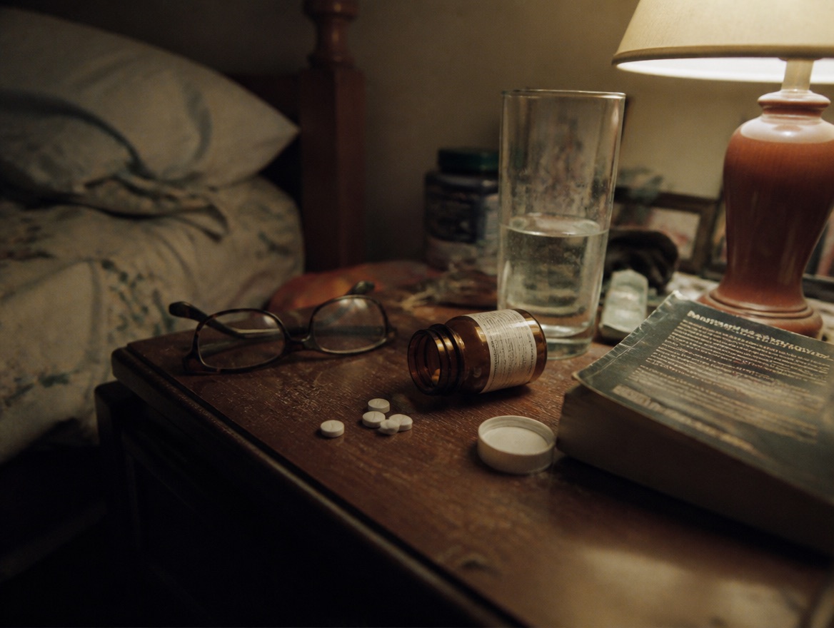 An open amber supplement bottle lies on its side on a cluttered wooden nightstand, spilling a few round white tablets, beside a glass of water, reading glasses, and a paperback book, lit by a warm bedside lamp.