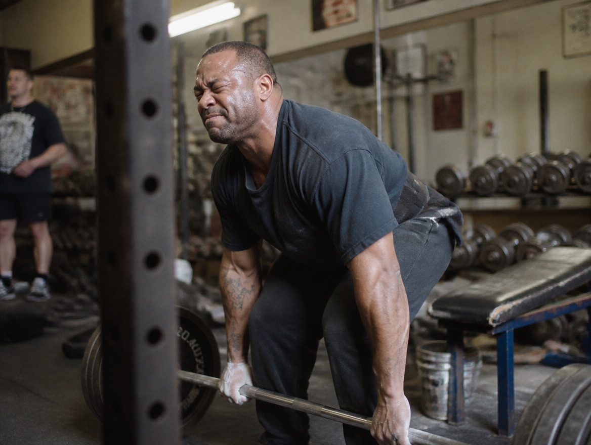 A muscular man in his forties grimaces mid-deadlift, gripping a chalk-dusted barbell with gloved hands in a cluttered weight room, another gym-goer blurred in the background