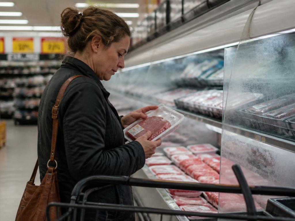A shopper reading a package of red steaks at a supermarket meat counter