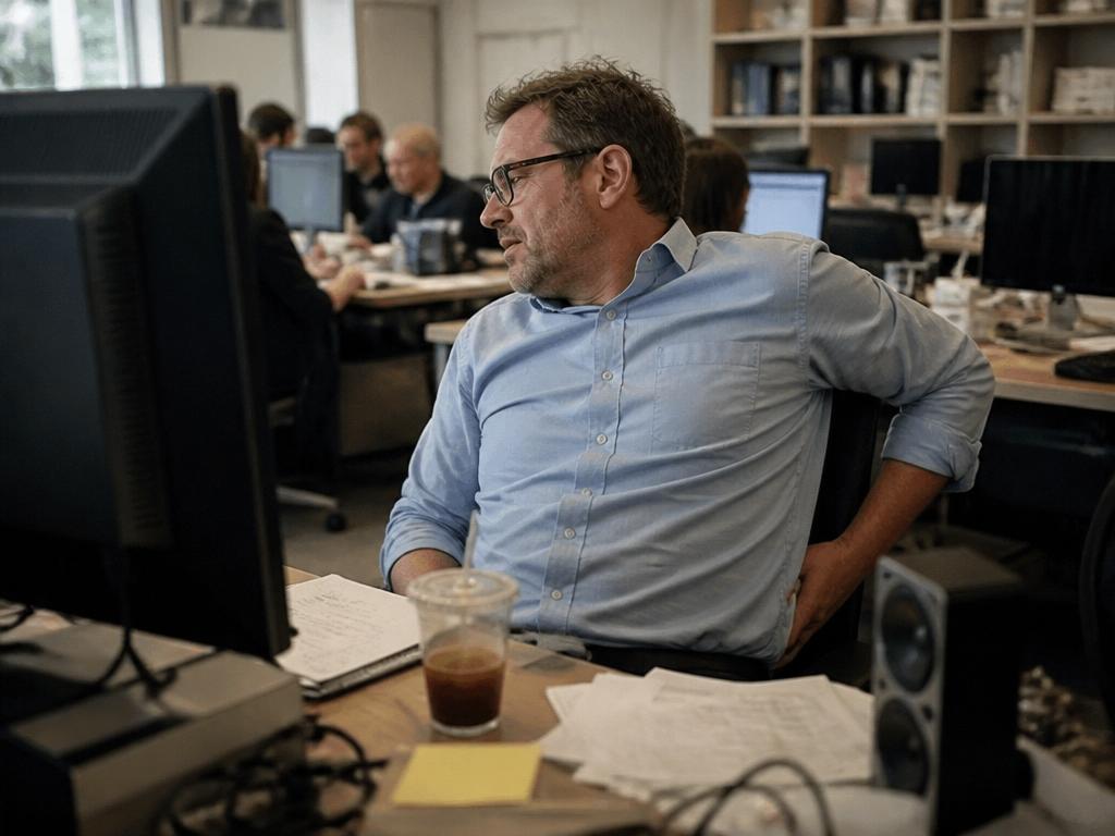 An office worker slouching at a cluttered desk rubbing his lower back late in the day